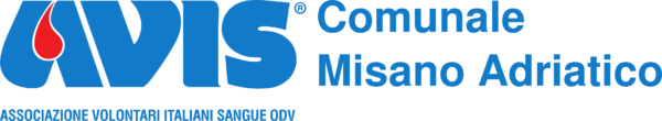 Logo AVIS Comunale Misano Adriatico intero scritto in blu con goccia di sangue rossa